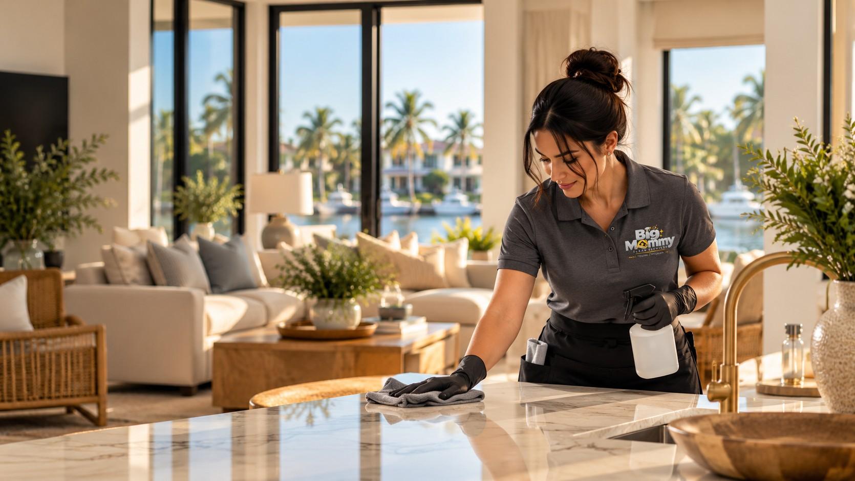 Professional cleaner wiping a marble kitchen counter in a bright waterfront home in Southwest Florida